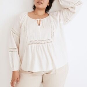 Madewell Linen Pintuck Blouse Cream Peasant Boho‎ Tie Neck Long Sleeve Women 1X?